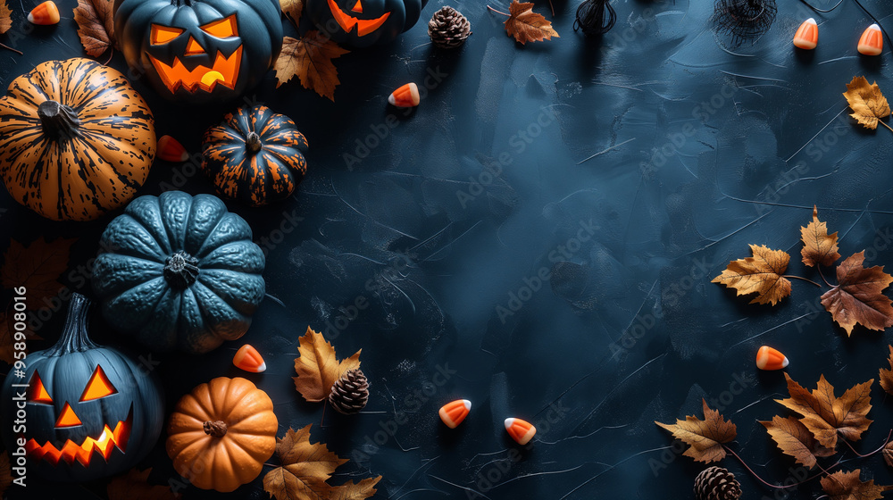 Party of pumpkins and zombies in moonlight. Symbol of Halloween on dark background. Top view. Copy space for text. Generative ai illustration. Party of pumpkins and zombies in moonlight. Symbol of Halloween on dark background. Top view. Copy space for text. Generative ai illustration.