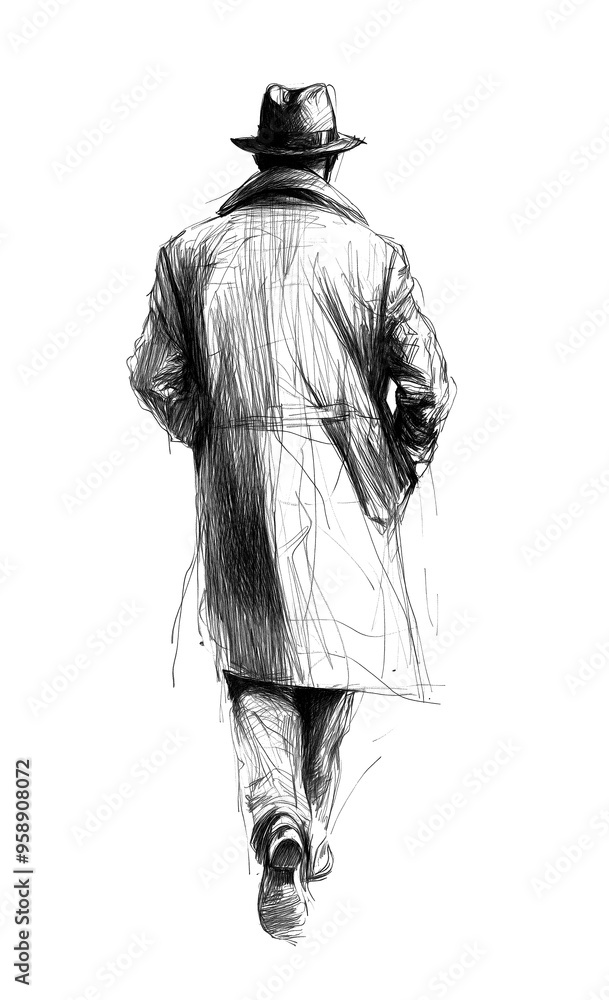 Fototapeta premium Mysterious noir private detective man walking. viewed from behind. Sketch doodle style. Transparent background PNG. With trench coat and fedora. Retro vintage Investigator. 