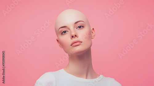 A bald woman stares confidently into the camera against a pink background.