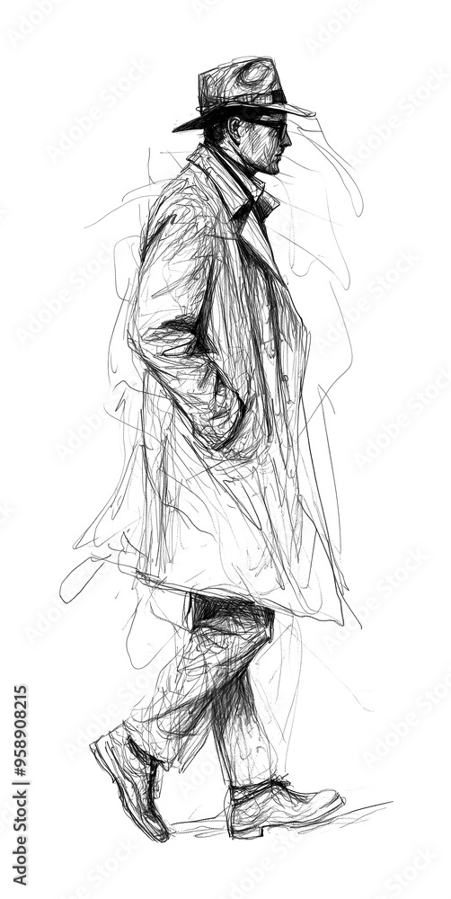 Mysterious noir private detective man walking to the right. Full view. Sketch doodle style. Transparent background PNG. With trench coat and fedora. Retro vintage Investigator. Mysterious noir private detective man walking to the right. Full view. Sketch doodle style. Transparent background PNG. With trench coat and fedora. Retro vintage Investigator.