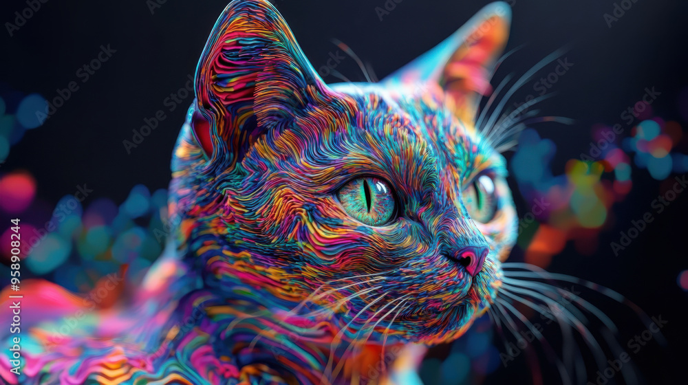 Naklejka premium A cat with a green face is in the center of a colorful swirl