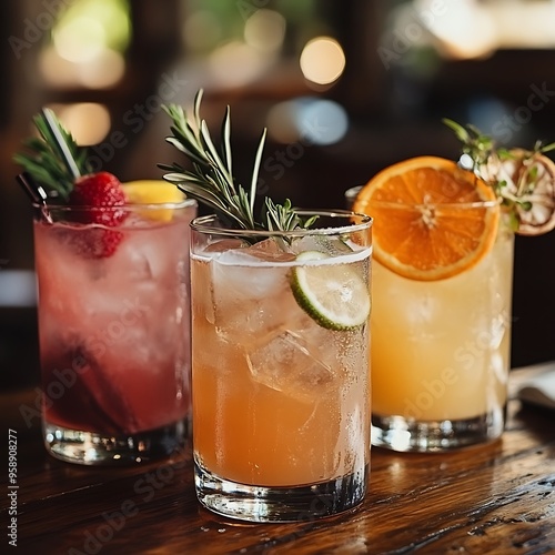 Three Refreshing Cocktails with Ice and Garnishes on a Wooden Table.