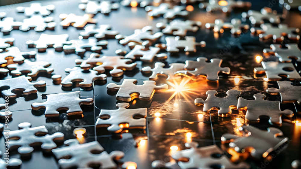 Fototapeta premium Dynamic Glowing Abstract Puzzle Pieces Converging in Completion for Problem Solving and Operational Management - Vibrant Colors and Focus Blur in Conceptual Image of Operations Efficiency and Success