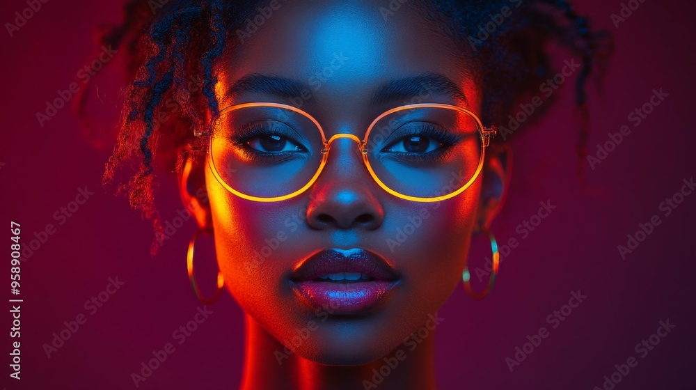 Portrait of a Woman with Neon Glasses Generative AI Portrait of a Woman with Neon Glasses Generative AI