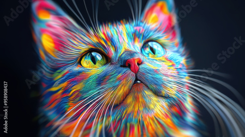 A cat with a green face is in the center of a colorful swirl