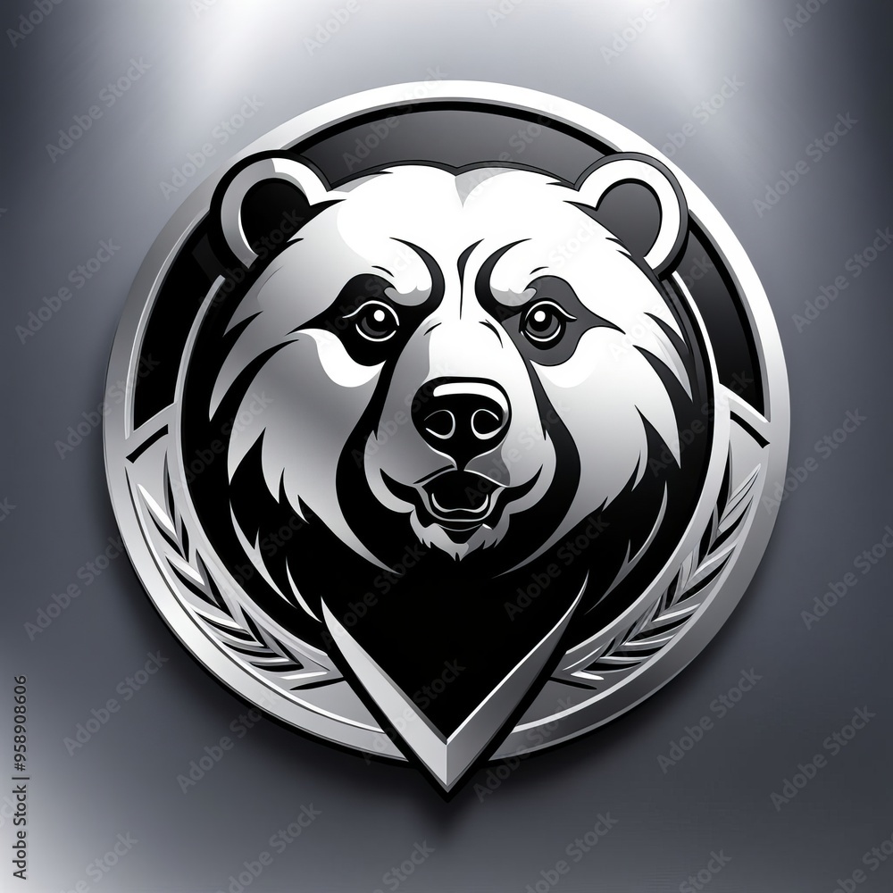 A bold, silver and black bear head emblem with a dramatic light effect. A bold, silver and black bear head emblem with a dramatic light effect.