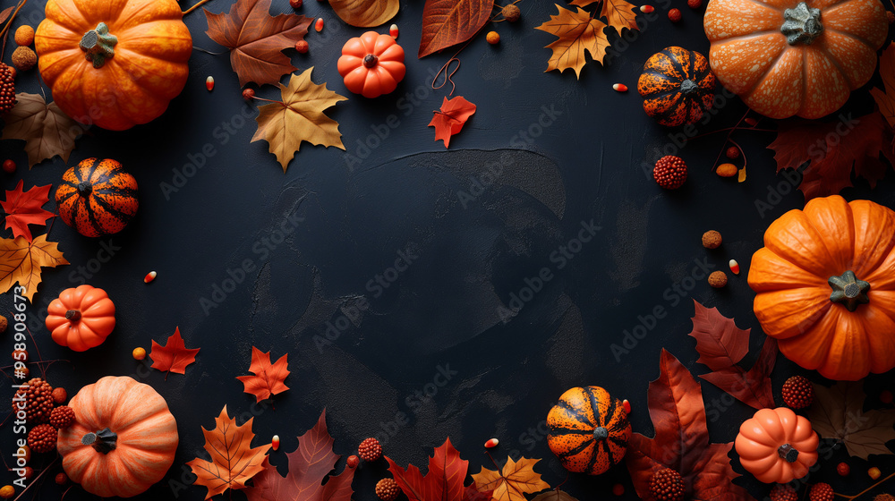 Party of pumpkins and zombies in moonlight. Symbol of Halloween on dark background. Top view. Copy space for text. Generative ai illustration. Party of pumpkins and zombies in moonlight. Symbol of Halloween on dark background. Top view. Copy space for text. Generative ai illustration.