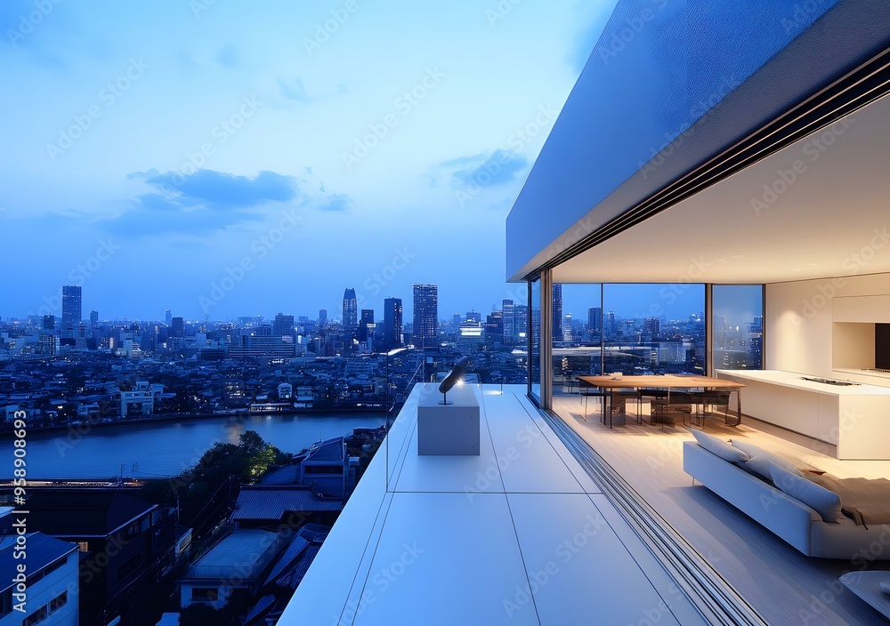 Fototapeta premium Modern Balcony with Cityscape View at Dusk