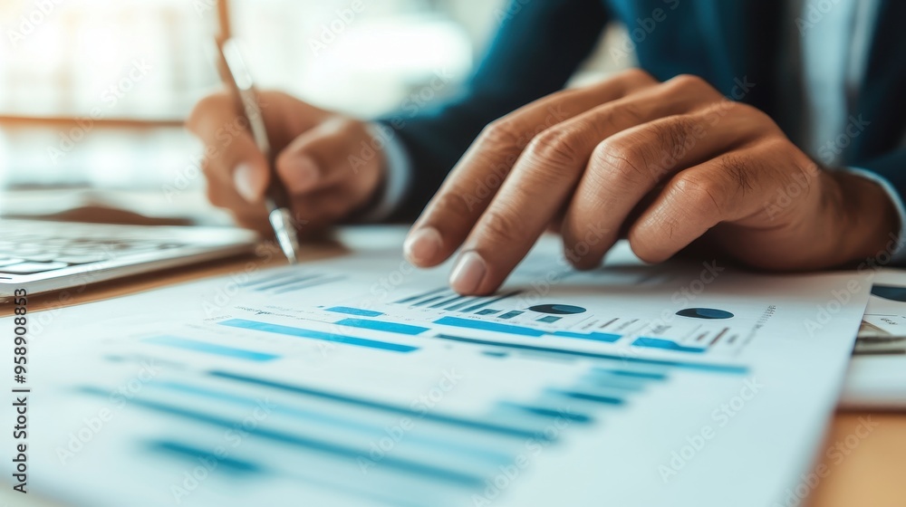 Close-up of businessman's hands analyzing financial charts and graphs with a pen. Close-up of businessman's hands analyzing financial charts and graphs with a pen.