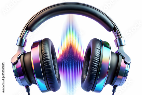 Holographic Sound Waves Concept: Modern Headphones on White Surface Emitting Digital Audio Visualization, Side Angle View with Copy Space