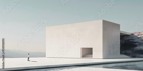 Minimalist Modern Architecture with a Man Standing in Front of a White Building