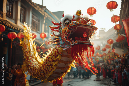 A vibrant dragon dance unfolds in a bustling street, adorned with festive red lanterns, celebrating Chinese New Year traditions.