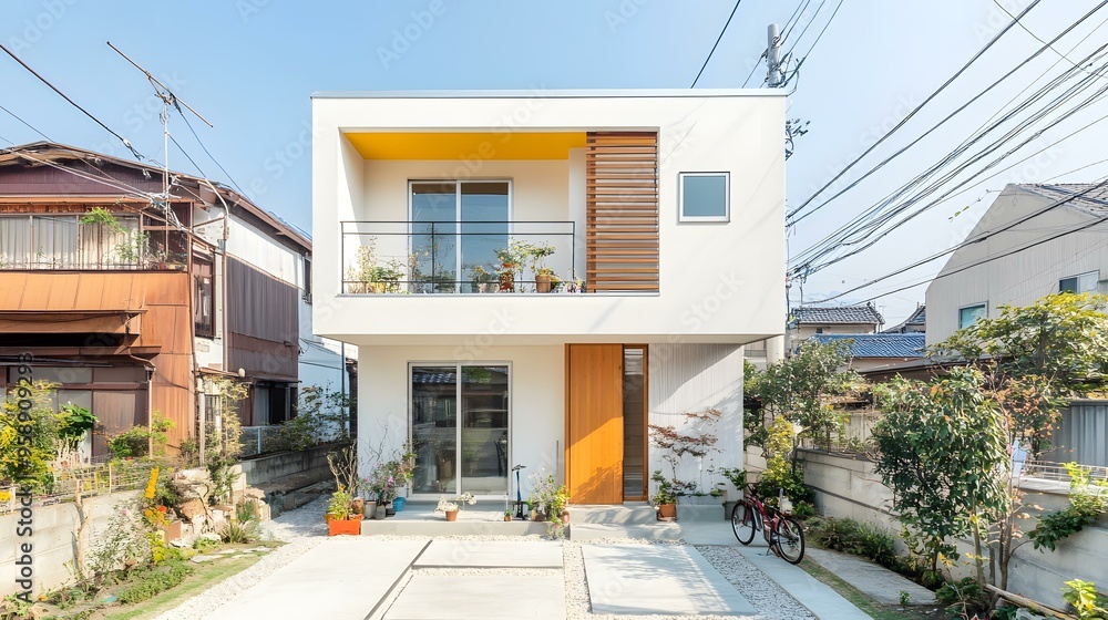 Obraz premium Modern White House with Yellow Accent and Wooden Balcony