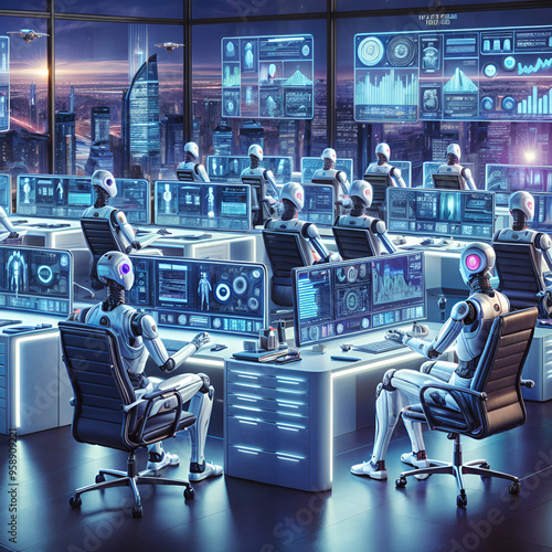 High technology with robots working in all sectors of society, offices, rooms, airports, analyzing graphics on displays, in futuristic cities. photo