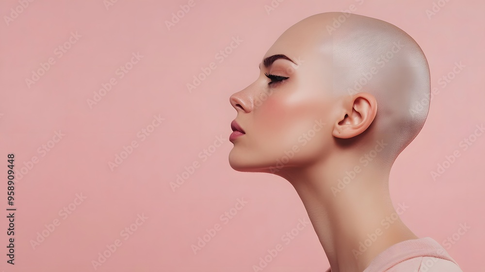 A bald woman with a determined expression stands against a pink background. A bald woman with a determined expression stands against a pink background.
