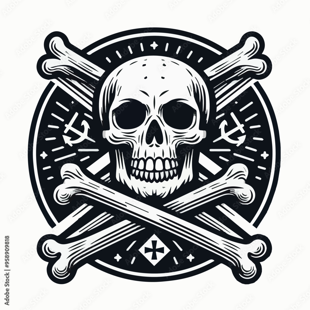 Fototapeta premium Danger warrior skull vector illustration graphic with decorative colourful pattern with sword and crossbones t-shirt Dark Art Skull Head with Bone Black and White Illustration Skull and crossbones hap