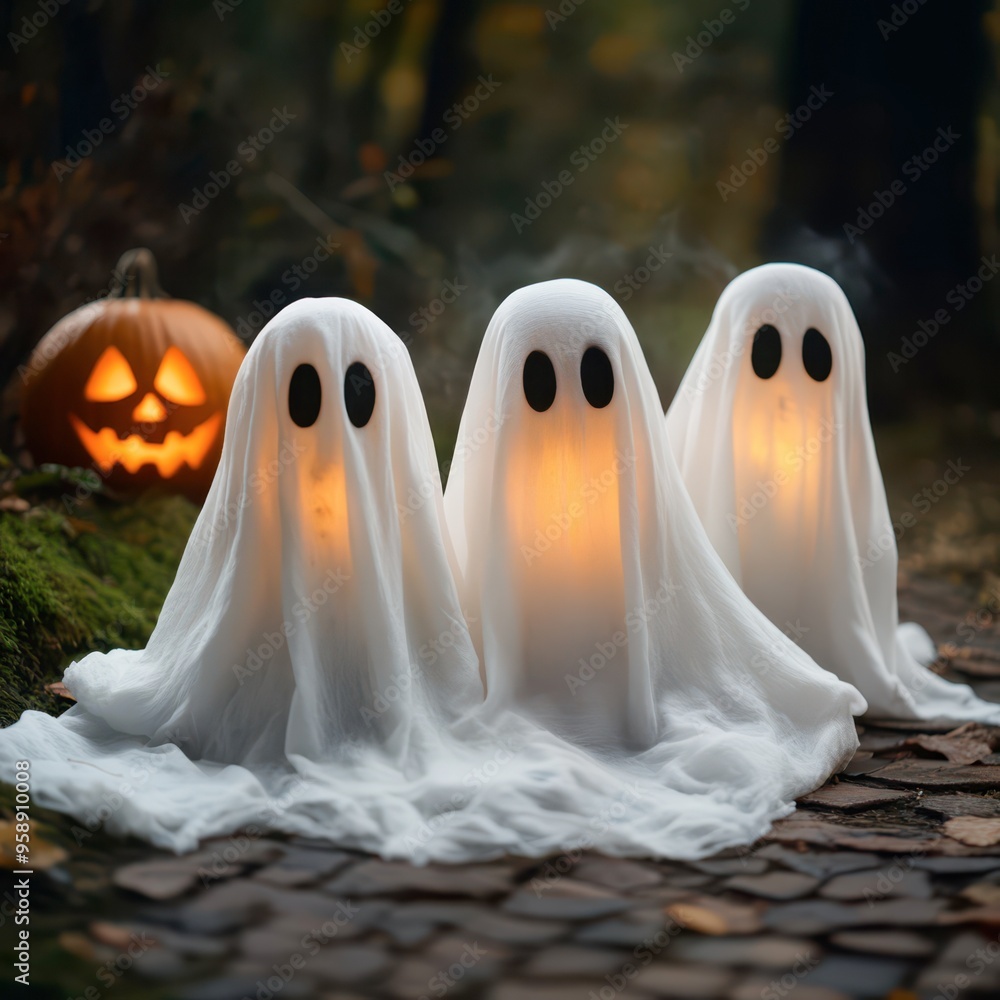 Charming ghost figures illuminated by jack-o-lantern glow in autumn woods Charming ghost figures illuminated by jack-o-lantern glow in autumn woods