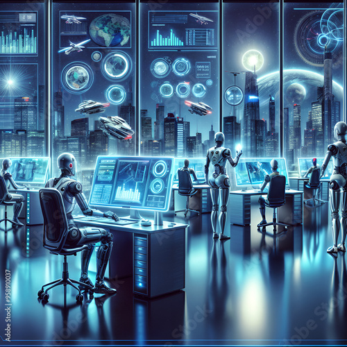 High technology with robots working in all sectors of society, offices, rooms, airports, analyzing graphics on displays, in futuristic cities. photo