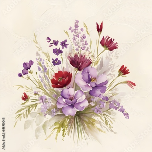 Botanical purple and red flower watercolor bouquet elegance blooming. 