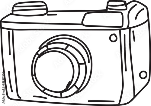 Hand drawn retro camera illustration on transparent background.
