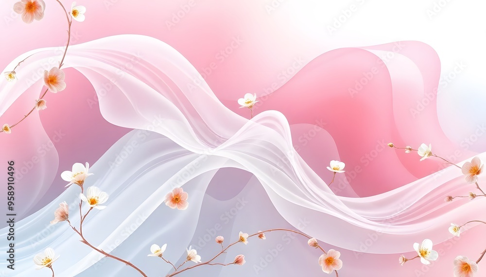A soft, pink and white abstract background with flowing, wavy shapes and delicate floral elements A soft, pink and white abstract background with flowing, wavy shapes and delicate floral elements