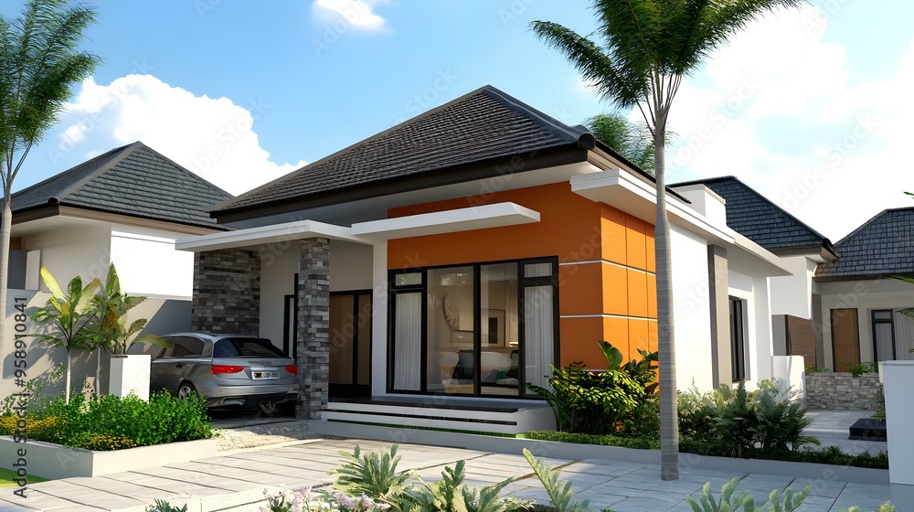 Fototapeta premium Modern House Design with Orange Wall and Palm Trees