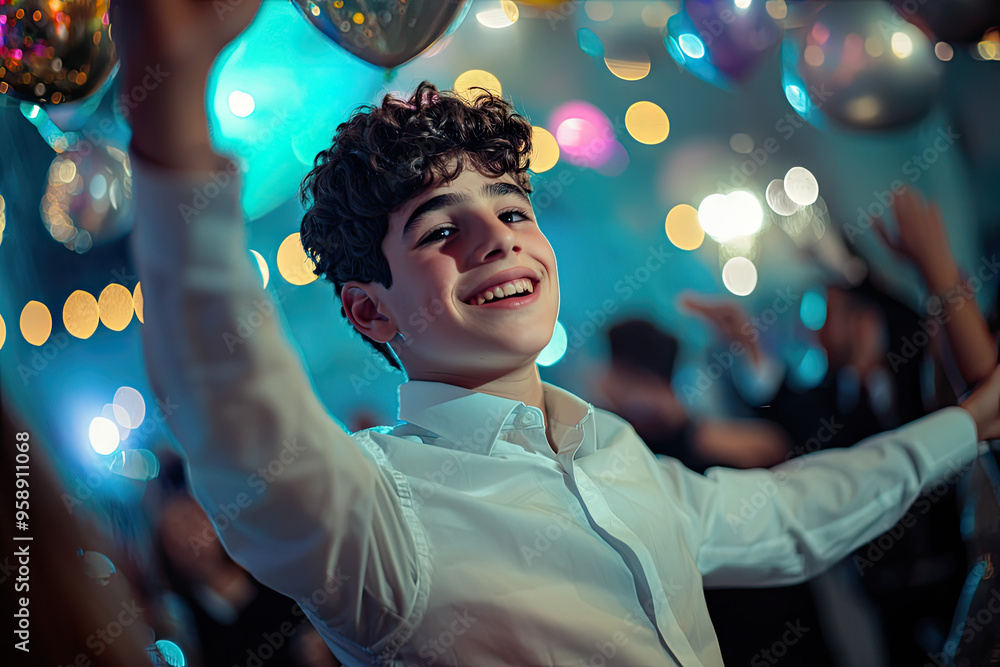 Naklejka premium A young man, dressed in a white shirt, smiles brightly at the camera, surrounded by a blur of lights and people at a festive gathering.