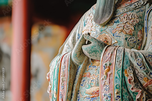 A Glimpse of Serenity: Close-Up of a Traditional Chinese Jade Statue's Intricate Detail