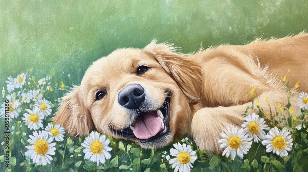 A painting of a golden retriever laying in the grass with daisies, AI A painting of a golden retriever laying in the grass with daisies, AI