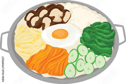 Cartoon bibimbap illustration on transparent background.
