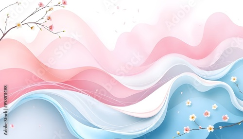 A pink and white abstract 3D with flowing waves background. and cherry blossom petals floating in the air