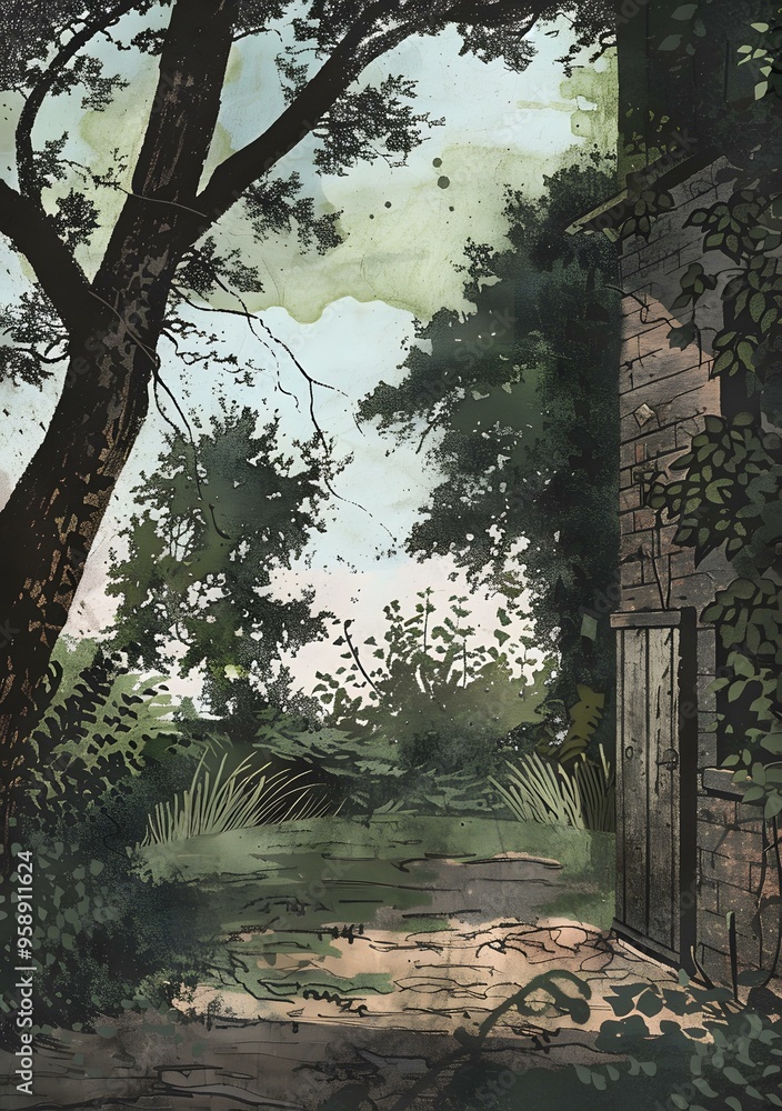 Watercolor Illustration of an Old Stone Building in the Woods Watercolor Illustration of an Old Stone Building in the Woods