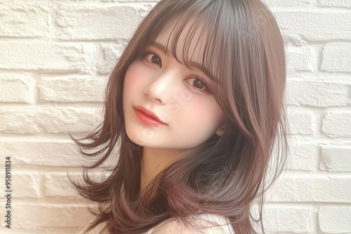 Portrait of a brown-haired Japanese woman with thick bang, concept for hair salon, cosmetics, skincare. ( 前髪のある茶髪の女性のポートレート，美容院，化粧品、スキンケア）