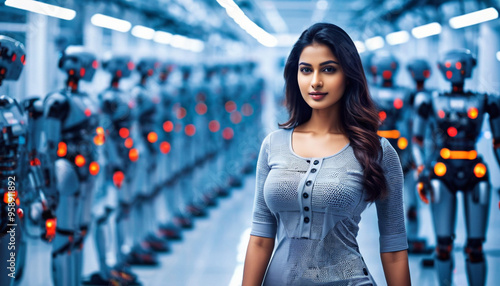 Attractive Indian girl working on futuristic AI enabled humanoid technology photo