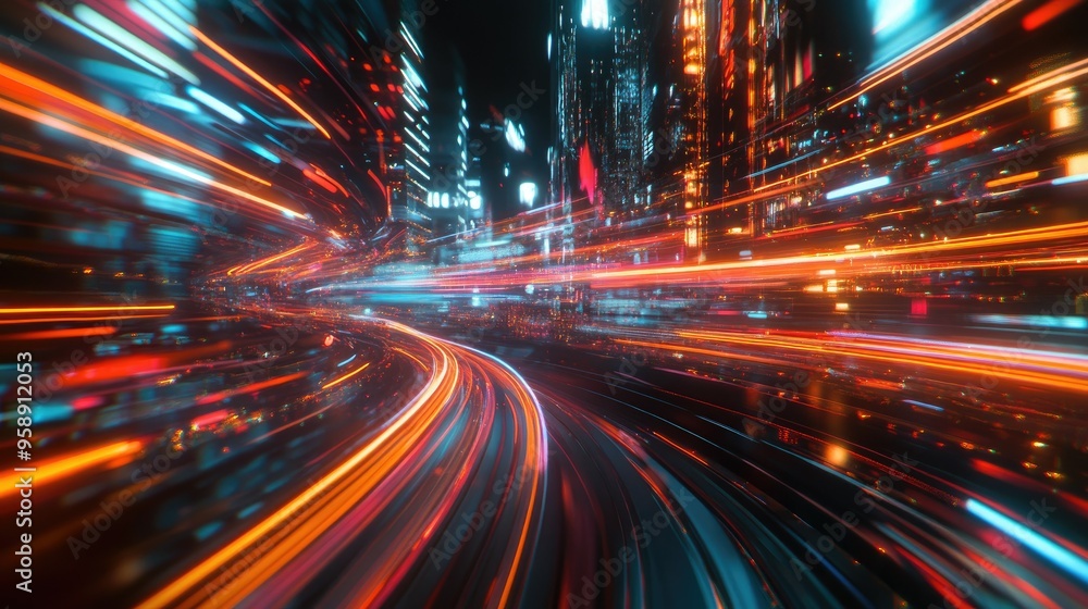 Abstract motion light trails against a city backdrop, blending neon colors and dynamic movement for a futuristic urban scene. Abstract motion light trails against a city backdrop, blending neon colors and dynamic movement for a futuristic urban scene.