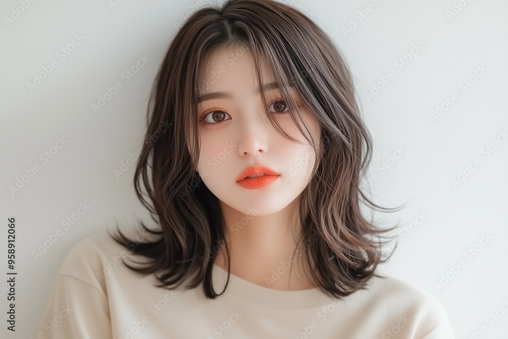 A young Japanese girl with soft, wavy hair and natural makeup,set against a light background. (ふわふわの波状の髪を持つ少女のポートレート、白い背景) A young Japanese girl with soft, wavy hair and natural makeup,set against a light background. (ふわふわの波状の髪を持つ少女のポートレート、白い背景)