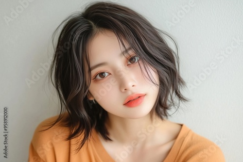A young Japanese girl with soft, wavy hair and natural makeup,set against a light background. (ふわふわの波状の髪を持つ少女のポートレート、白い背景）