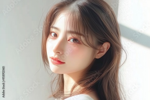 A portrait of a japanese woman with styled coiffure on a white background, sunlight shining on her face. (陽射しの下でのミディアムヘアの女性のポートレート)
