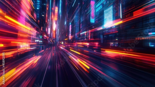 Abstract motion light trails against a city backdrop, blending neon colors and dynamic movement for a futuristic urban scene.