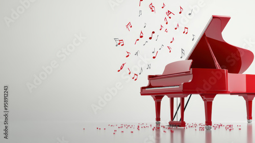 A red piano in a white room with notes floating in the air.