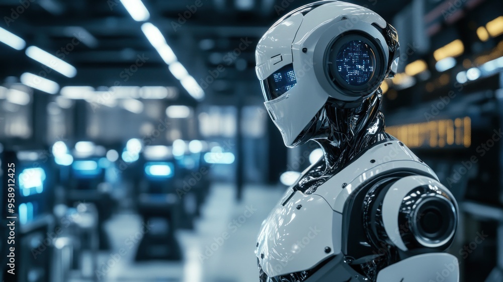 Futuristic Robot in Industrial Setting Futuristic Robot in Industrial Setting