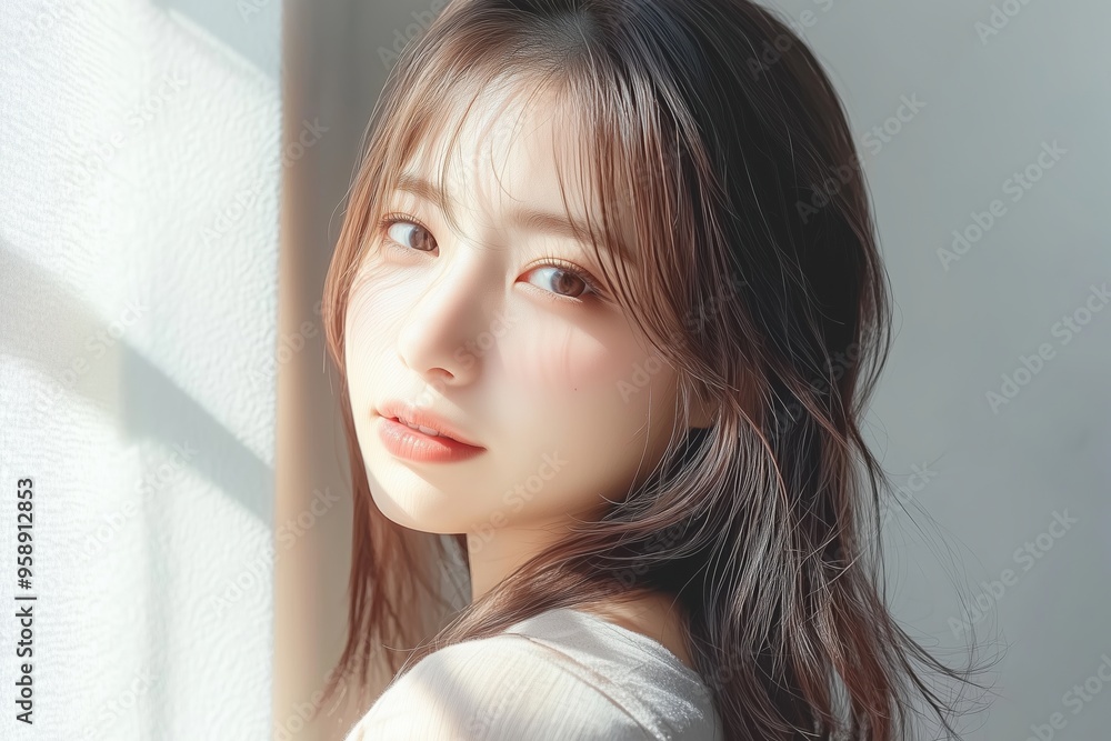 A portrait of a japanese woman with styled coiffure on a white background, sunlight shining on her face. (陽射しの下でのミディアムヘアの女性のポートレート) A portrait of a japanese woman with styled coiffure on a white background, sunlight shining on her face. (陽射しの下でのミディアムヘアの女性のポートレート)