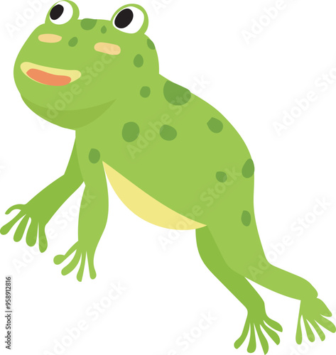 Cartoon jumping frog illustration on transparent background.
