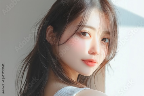 A portrait of a japanese woman with styled coiffure on a white background, sunlight shining on her face. (陽射しの下でのミディアムヘアの女性のポートレート)