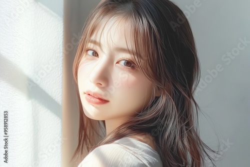 A portrait of a japanese woman with styled coiffure on a white background, sunlight shining on her face. (陽射しの下でのミディアムヘアの女性のポートレート)