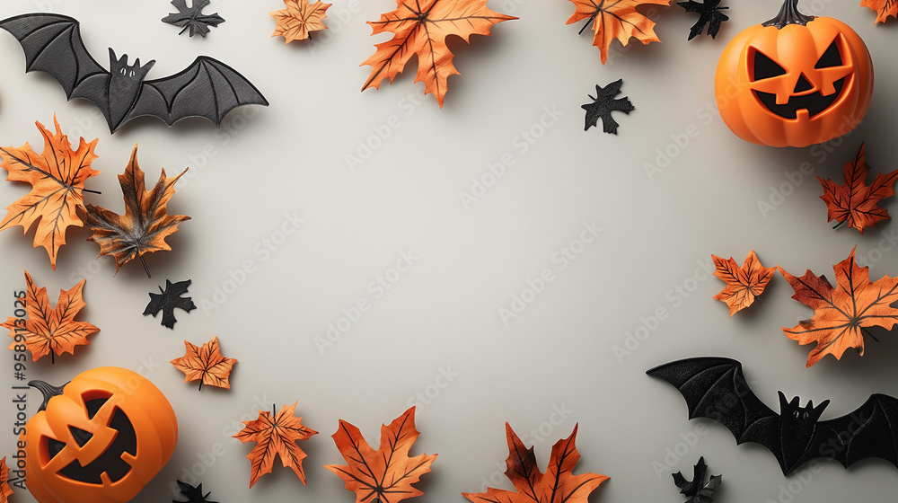 Halloween decorations with symbol of Halloween on white background. Top view. Copy space for text. Generative ai illustration. Halloween decorations with symbol of Halloween on white background. Top view. Copy space for text. Generative ai illustration.
