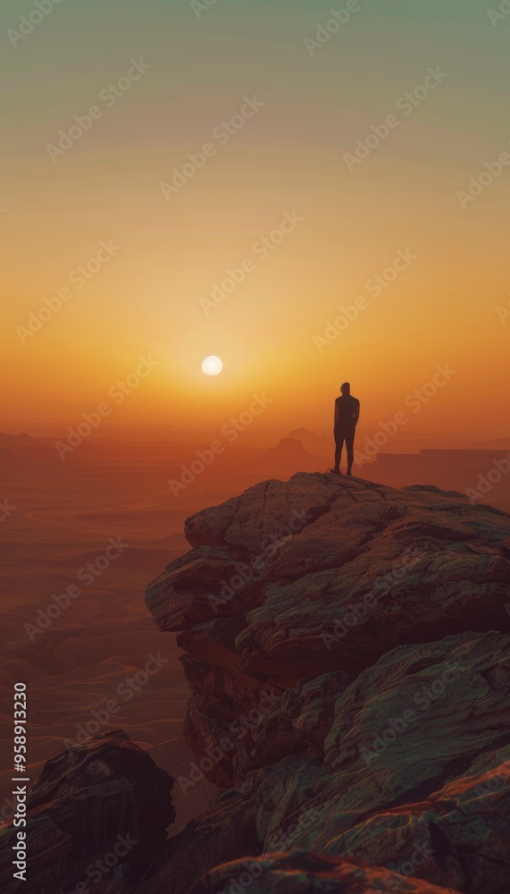 © spyrakot - Solitude and Freedom: Lone Figure on Rocky Outcrop at Sunset in Vast Desert Landscape