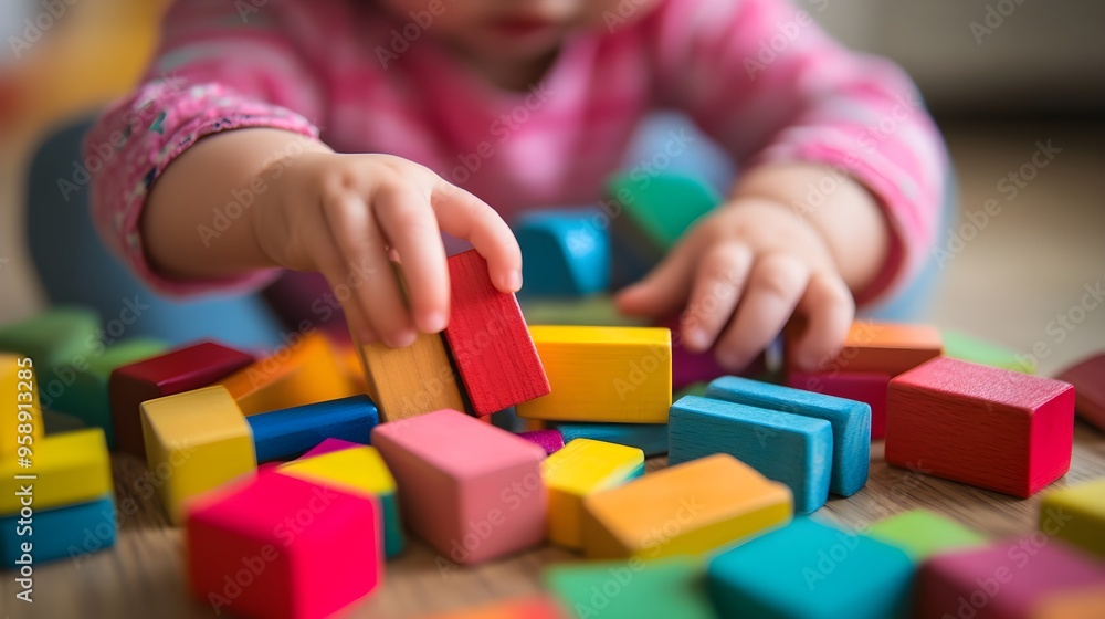 A young child is playing with colorful wooden blocks. They are learning about shapes, colors, and sorting A young child is playing with colorful wooden blocks. They are learning about shapes, colors, and sorting