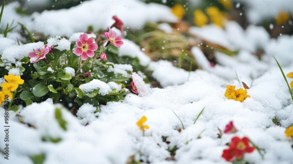 Pink and Yellow Flowers in Snowy Garden Pink and Yellow Flowers in Snowy Garden