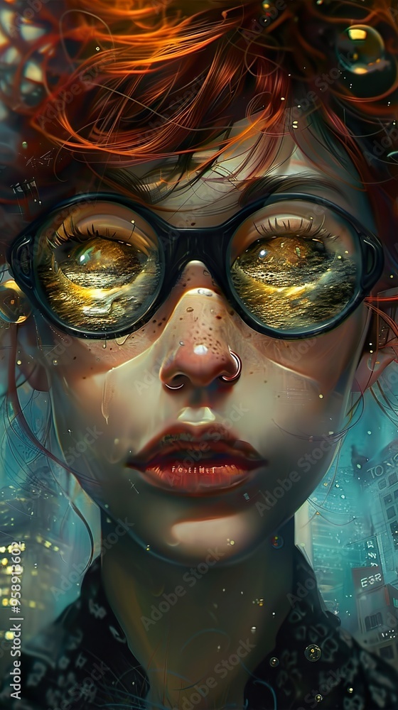 A close-up portrait of a woman with red hair and glasses, looking at the viewer with a serious expression. Her eyes are reflecting a cityscape. A close-up portrait of a woman with red hair and glasses, looking at the viewer with a serious expression. Her eyes are reflecting a cityscape.
